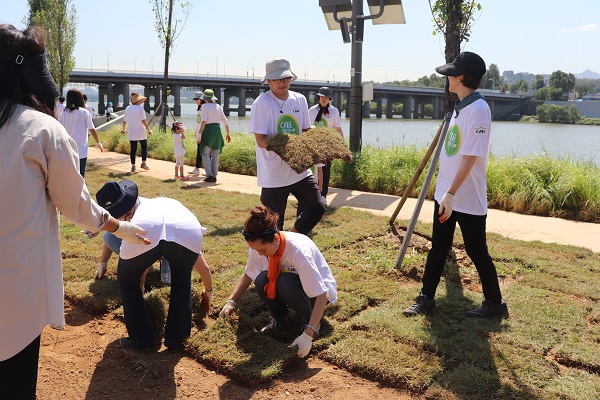 ▲ 부루벨코리아 임직원들이 이촌한강공원 입양부지에 잔디를 깔고 있다.