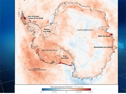 1990년대 말 20년간의 남극의 기온 상승(미국 NOAA제공)