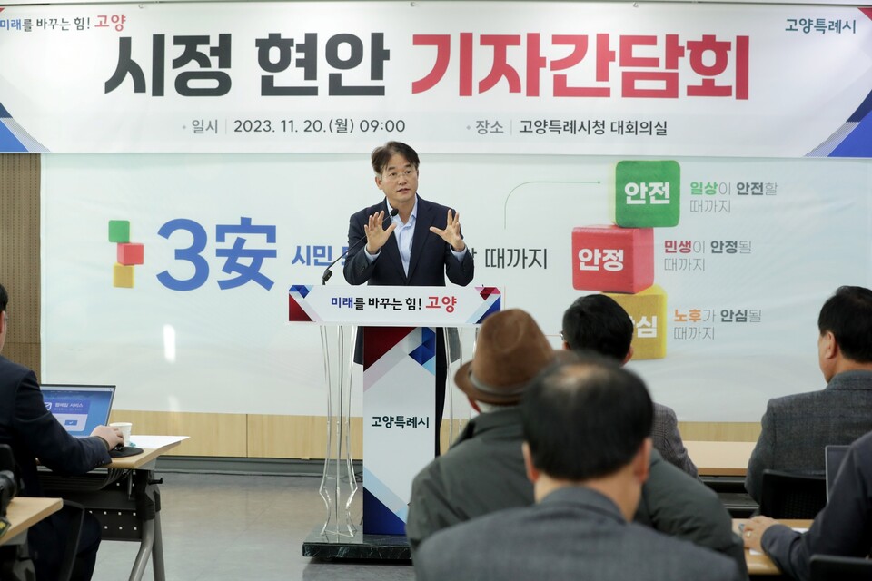 이동환 고양특례시장이 20일 기자간담회서 2024년 본예산안 편성 방향을 밝히고 있다.